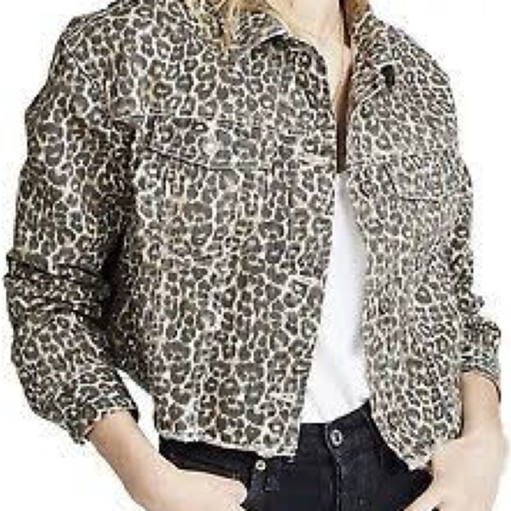 Woman's Free People Small Leopard Denim Cropped Button Jacket Brown